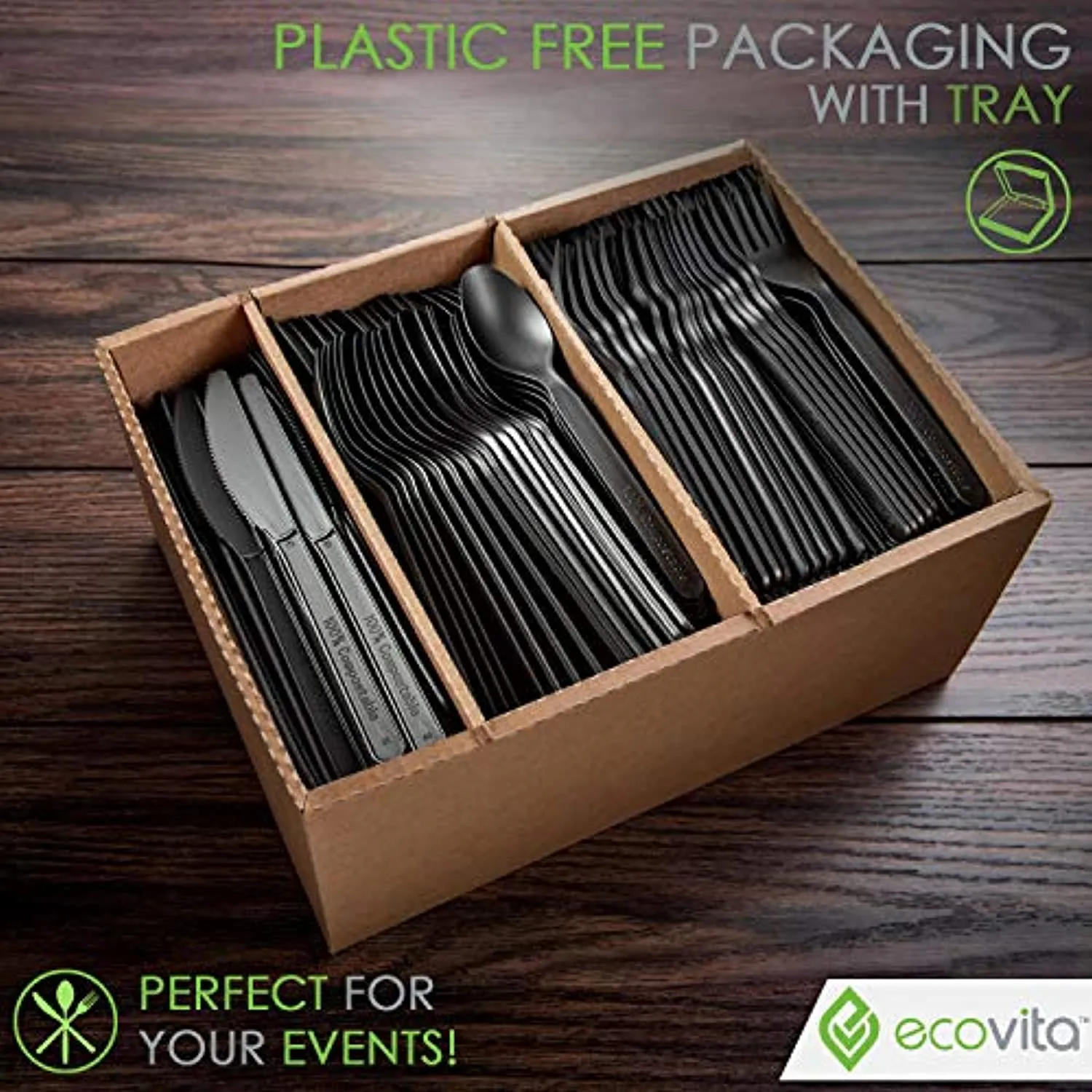 100% Compostable Forks Spoons Knives Cutlery Combo Set - 380 Large Disposable Utensils (7 in.) Eco Friendly