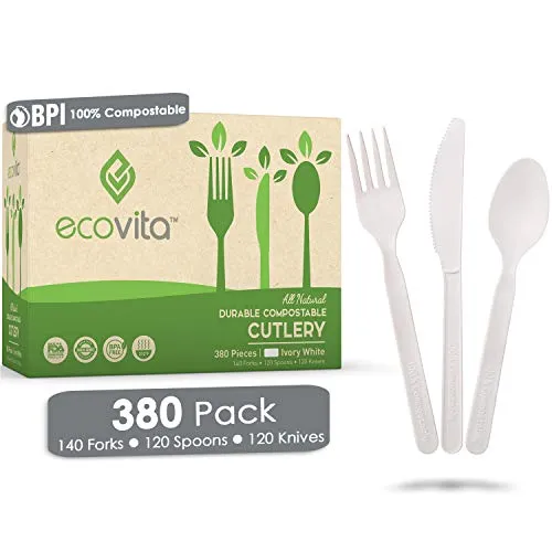 100% Compostable Forks Spoons Knives Cutlery Combo Set - 380 Large Disposable Utensils (7 in.) Eco Friendly