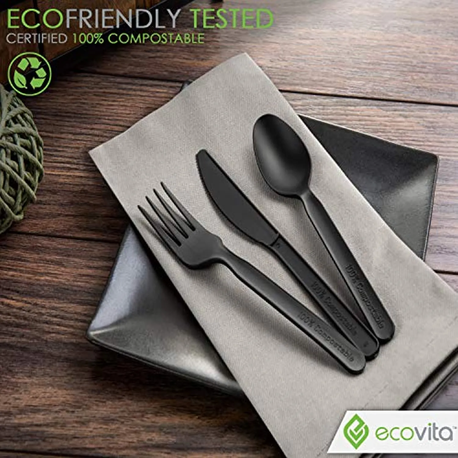 100% Compostable Forks Spoons Knives Cutlery Combo Set - 380 Large Disposable Utensils (7 in.) Eco Friendly