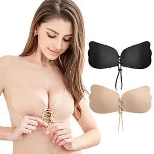 2pcs Soutiens-Gorge Adhesif Push Up Invisible Soutien Gorge Dos Nu Bra sans Bretelles pour Femme (Nude, Noir)