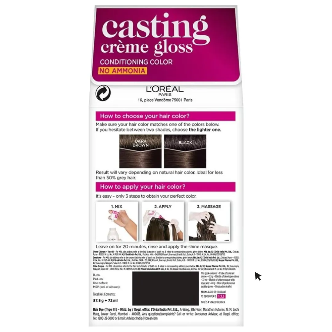 L'Oreal Paris Casting Creme Gloss Semi-Permanent Hair Dye 300 Darkest Brown  (T)