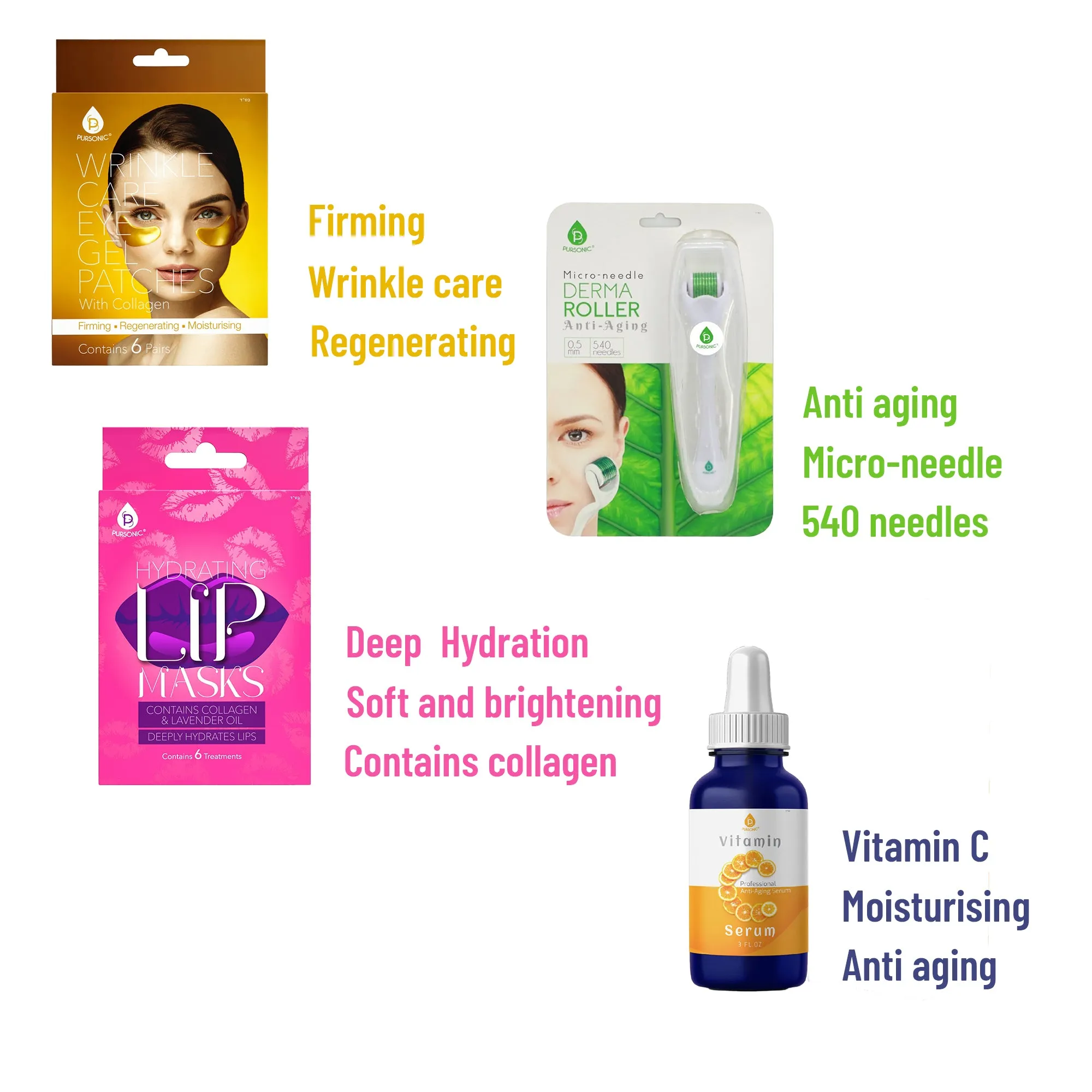 Ultimate Skincare Bundle: Vitamin C Serum (3 fl. oz), Wrinkle Care Eye Gel Patches, Hydrating Lip Masks (Pack of 6), and Micro Needle Derma Roller 0.5 mm